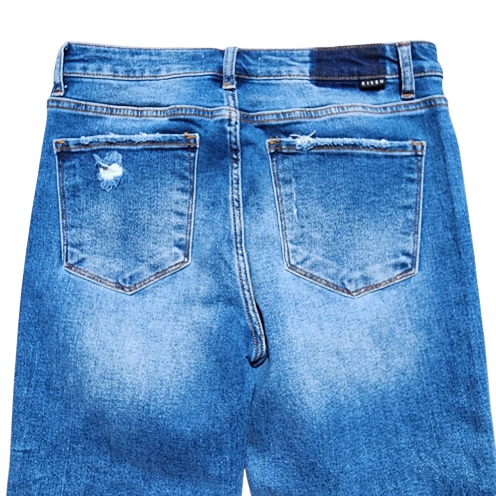 Risen Jeans Womens 11/30 Blue Button Fly Flare Distressed Denim - Picture 7 of 11